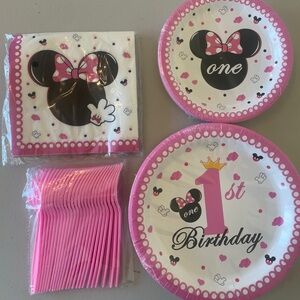 MINNIE One Year Old Birthday 96 pcs Plates, Napkins , Forks Tableware Supplies